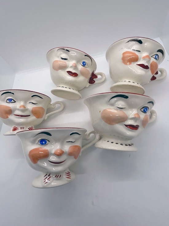 RARE Vintage 1950's winking teacups, set of 5, Sterling Pottery England - Picture 1 of 12
